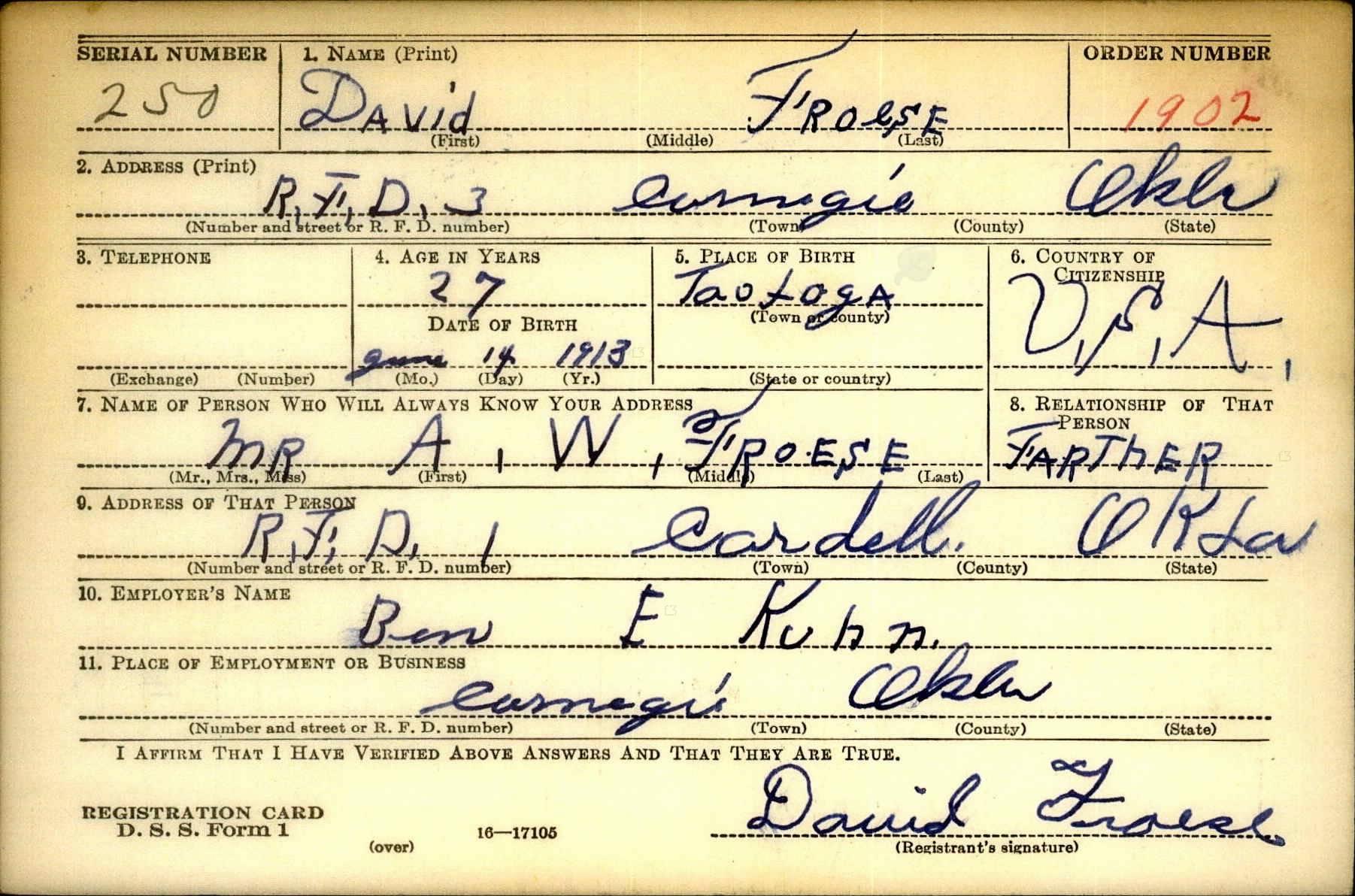 David Froese WWII Draft Card (Front Side)